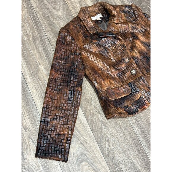 VINTAGE LENA GABRIELLE BROWN FAUX REPTILE TEXTURE BLAZER JACKET WOMENS 6 POCKETS - Picture 2 of 11